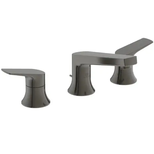 Drei-teilige Waschtischarmatur in einer matten grauen Farbe von Ideal Standard, bestehend aus zwei Armaturen und einem zentralen Wasserhahn, geeignet für die Montage auf einem Waschbecken.